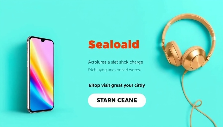 Advertisement banner with smartphone and headphones on turquoise background.