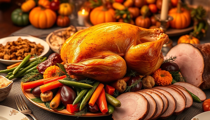 Traditional Thanksgiving feast with turkey and sides.