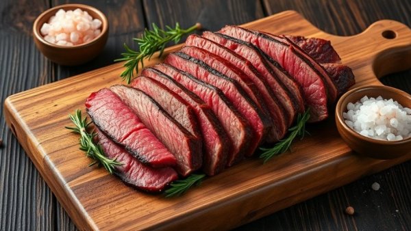 Humble cuts of meat arranged with rosemary and spices on a wooden board.