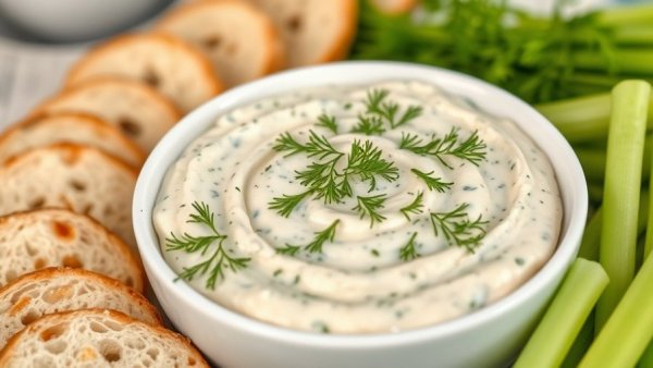 Dairy-packed dill and chive dip with bread and celery.