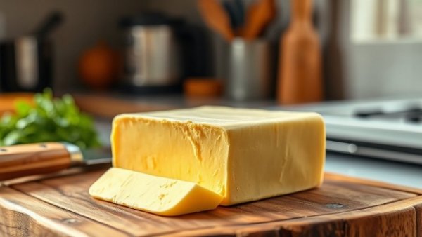 Freshly sliced butter on a wooden board, types of butter display.
