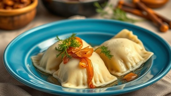 Appetizing perogies with dill and onions on a blue plate.