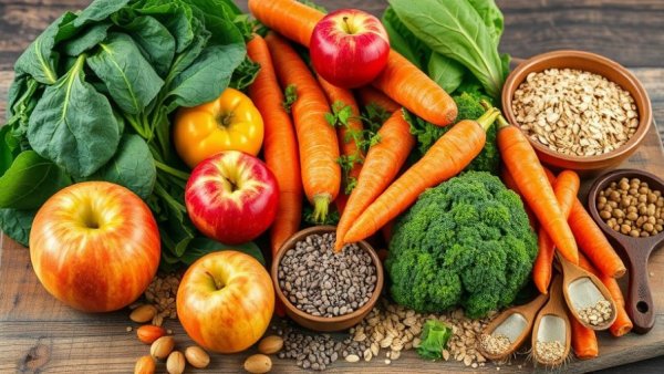 Colorful high-fiber foods on a rustic table show fibermaxxing benefits.