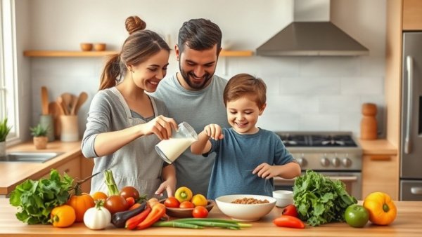 Family prepares frittata recipe for a crowd in a warm kitchen.