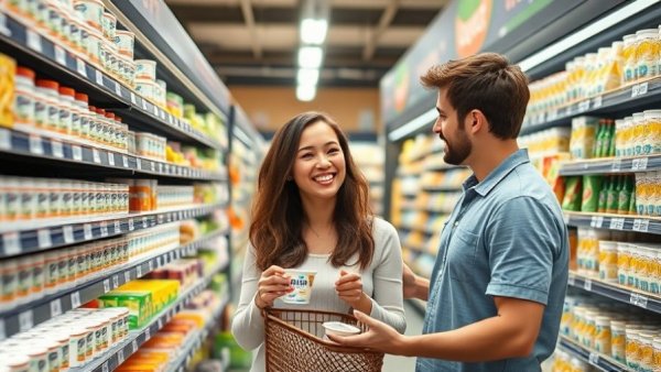 Couple shopping for yogurt in a grocery aisle
