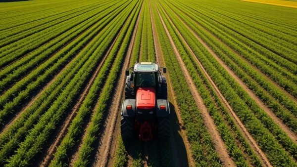 GPS-guided tractor navigating farm field from above, showing precision.