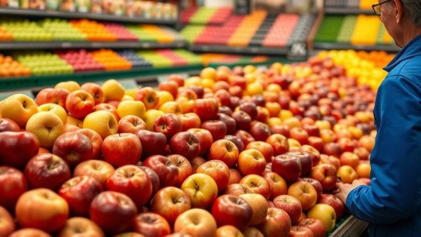 Seasonal apples selection in Canadian grocery store, person choosing one.