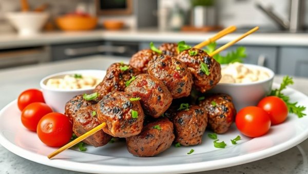 Beef koftas with Tzatziki Bean Dip on a white plate garnished with cherry tomatoes.