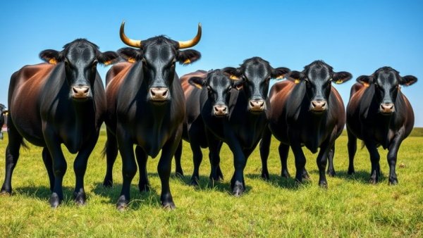 Black cattle with ear tags in a green pasture, clear skies, Safe Cattle Handling Techniques.