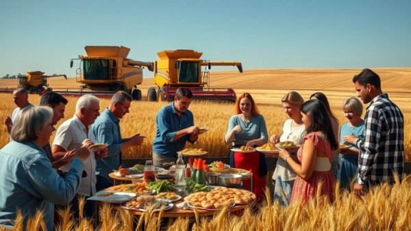Family Farms in Canada: Community meal in a wheat field with combine harvesters.