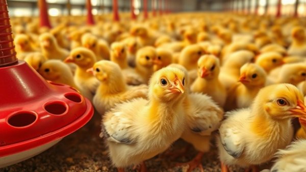 Broiler chicks feeding from a red feeder in a Canadian poultry farm