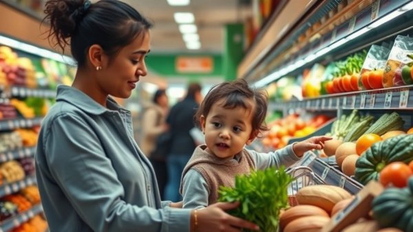 Mother and child selecting fruits with compostable food stickers in bright aisle.
