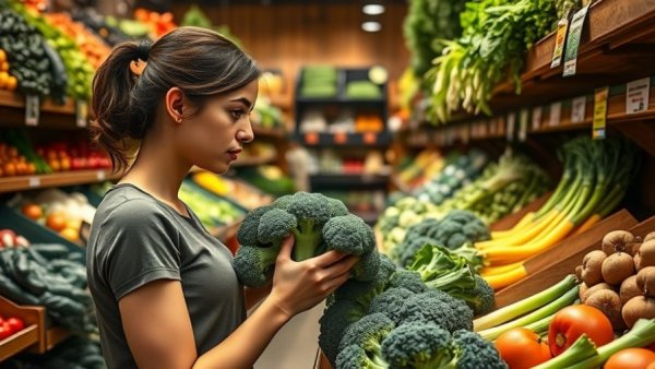 Woman chooses broccoli to promote food packaging waste reduction.