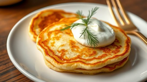 Savory cottage cheese pancakes with sour cream and dill.