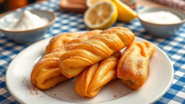 Golden brown Beaver Tails with sugar dusting on a table.