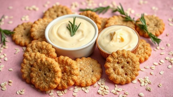 Homemade oatmeal crackers with rosemary and cheese dip.