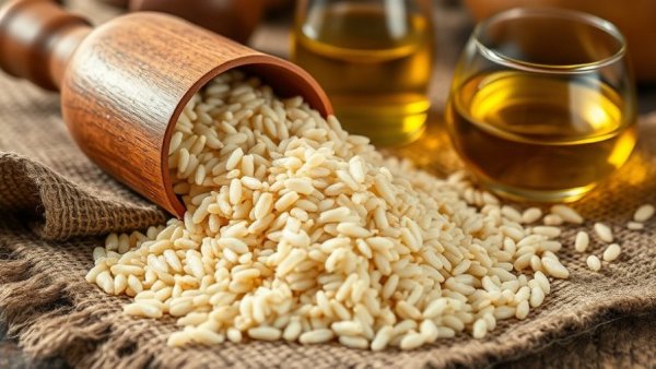 Wooden scoop with wild rice on burlap with olive oil.