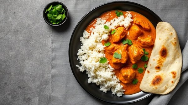 Slow-Cooker Butter Chicken with naan and rice on a table.