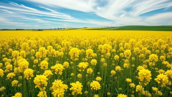 Expansive mustard field in Canada with bright blue sky.