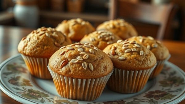 Fresh Morning Glory Bran Muffins topped with seeds on a decorative plate.