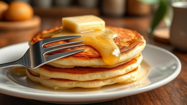 Tasty Barley Buttermilk Pancakes topped with butter on a plate.