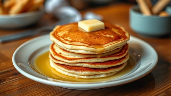Stack of barley buttermilk pancakes with butter.