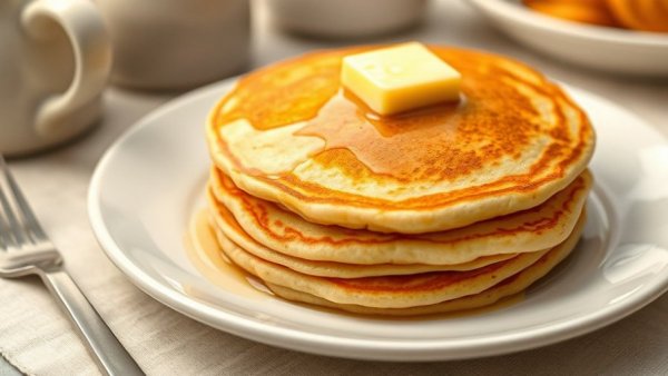 Golden barley buttermilk pancakes topped with melting butter.