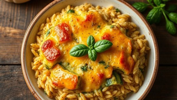Cheesy Zucchini and Orzo Casserole with basil garnish.