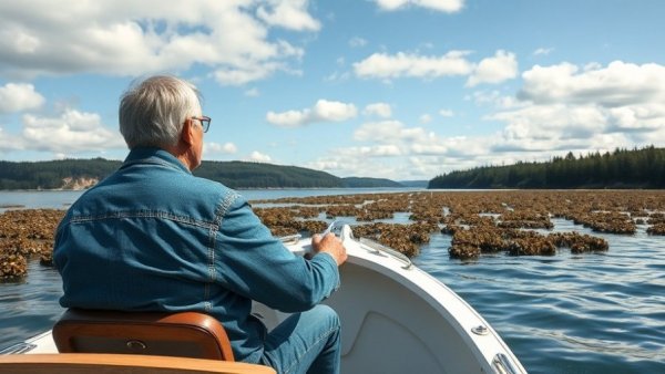 Man steering boat toward oyster farms in Nova Scotia
