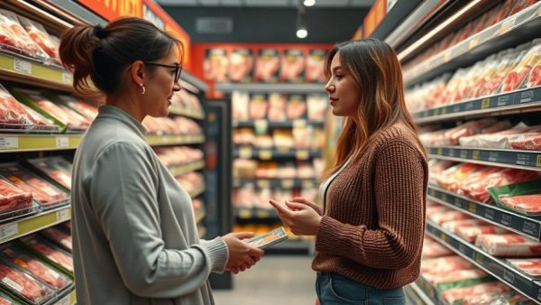 Two women choosing beef cuts for cooking in a grocery aisle.
