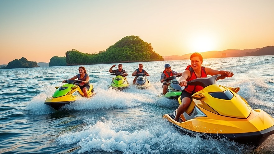 Adventurers jet skiing in 1000 Islands at sunset, enjoying vibrant outdoor activities.