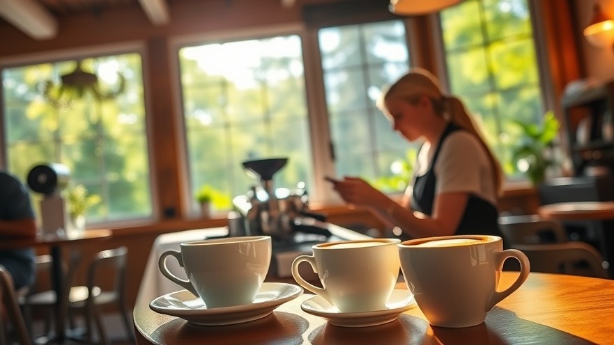 Cozy café scene in the 1000 Islands with latte art, vibrant coffee cups, and lush greenery.