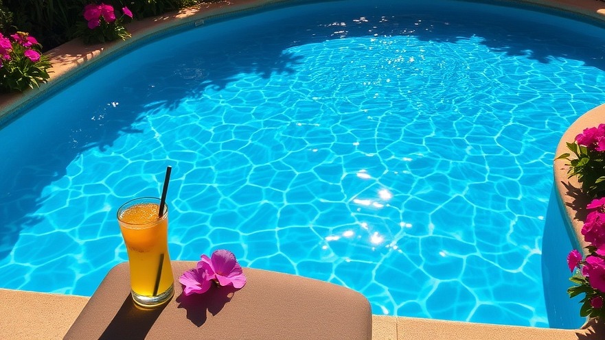 Dazzling blue pool with sunlight reflections, surrounded by lush greenery and a refreshing drink.