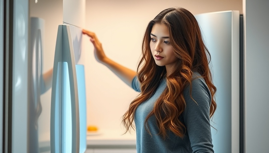 Woman searching refrigerator, feeling constantly hungry, in modern kitchen.