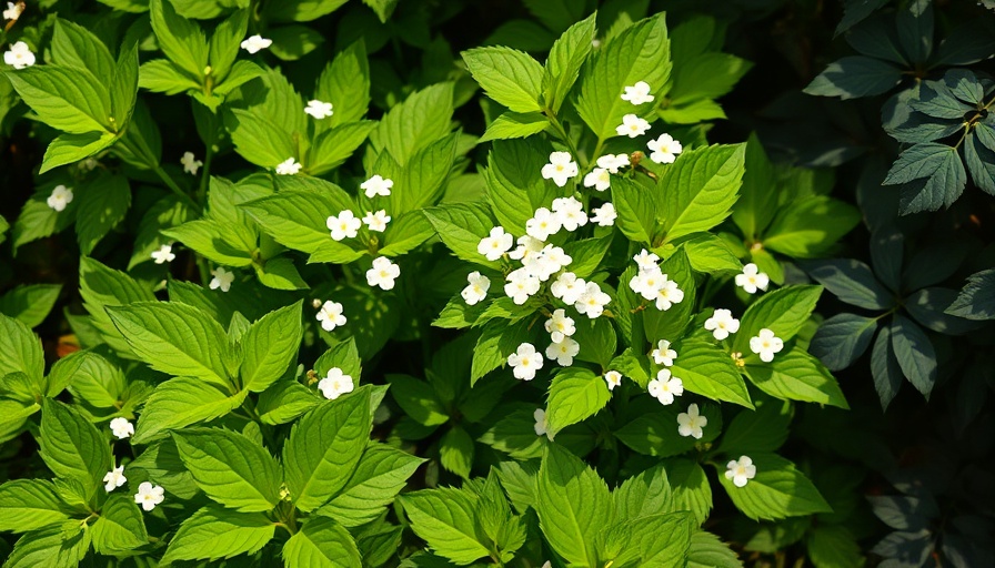 Lush foliage and white flowers in a late June scene.
