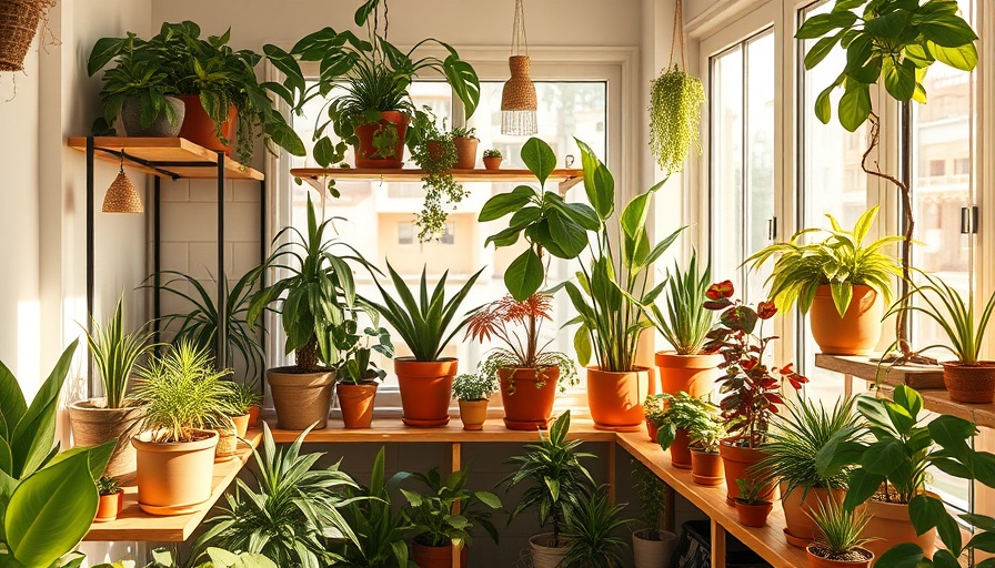 Indoor garden with plants on shelves by sunny window