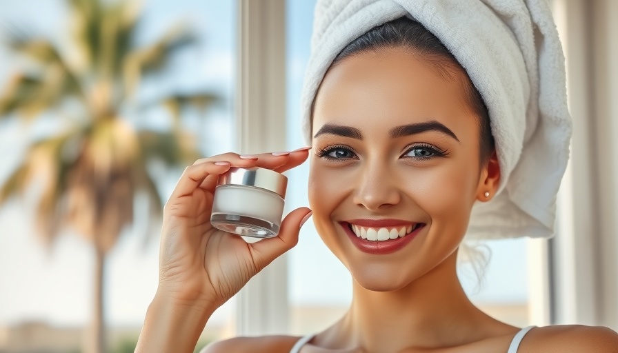 Smiling woman holding eye cream by window to avoid eyelid surgery.