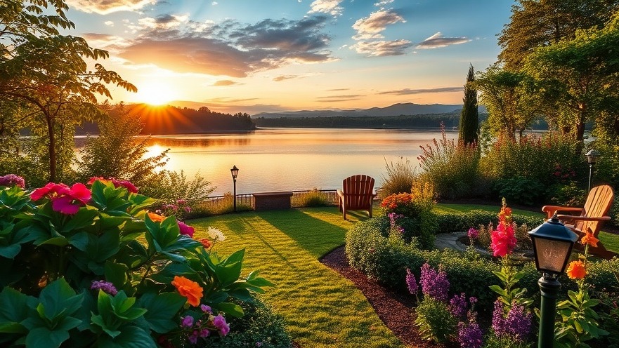 Sanctuary Garden with lush greenery, vibrant flowers, and a serene lake at sunset.