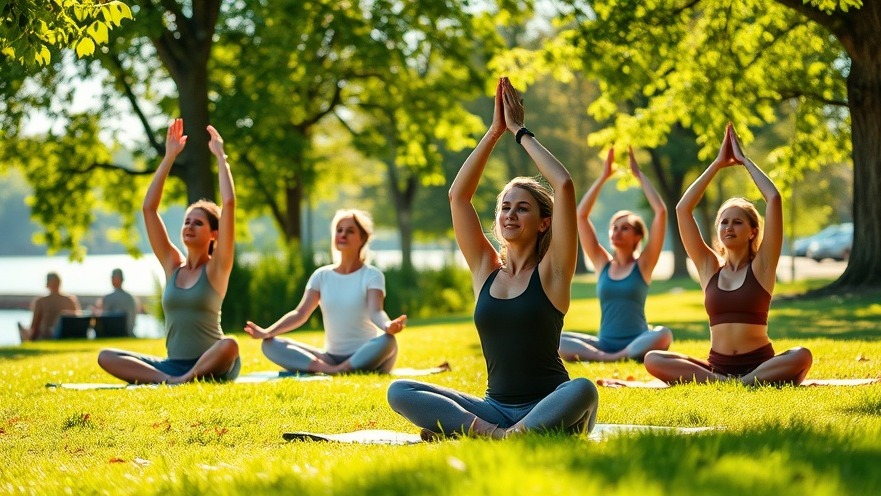 Serene wellness vibe: locals practicing yoga in a lush park by 1000 Islands waterfront.