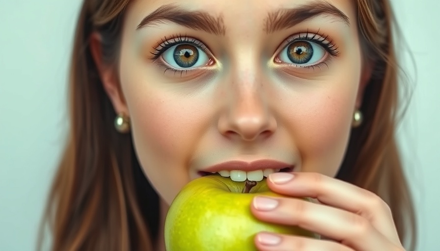 Close-up of a woman enjoying a skin-friendly fruit, green apple.