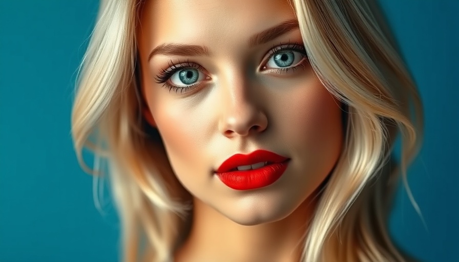 Woman with glowing skin and red lips on blue background.