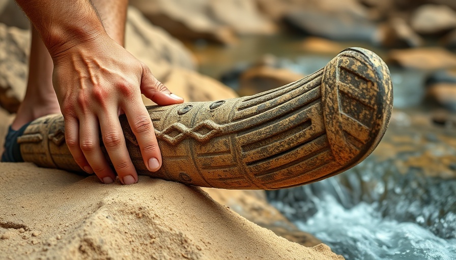 Hands examining a Polynesian canoe artifact by a stream.