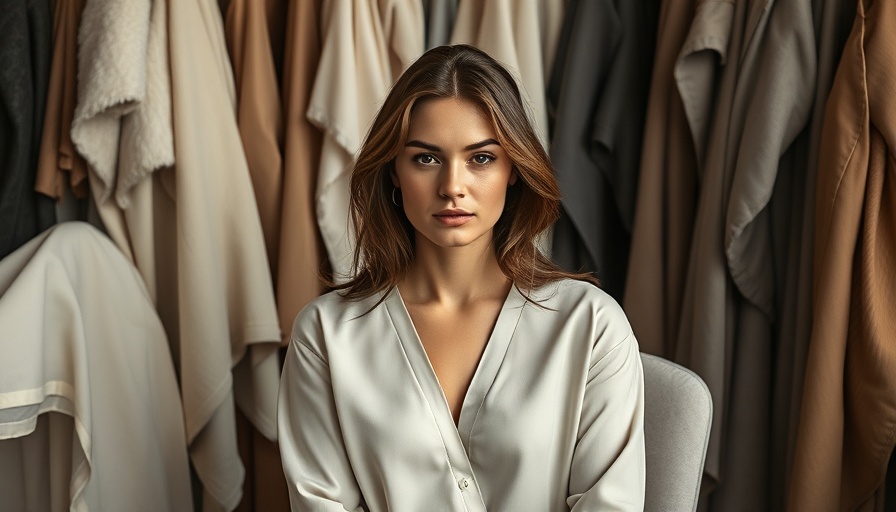 Woman seated in fashion studio with fabrics, stylish environment.