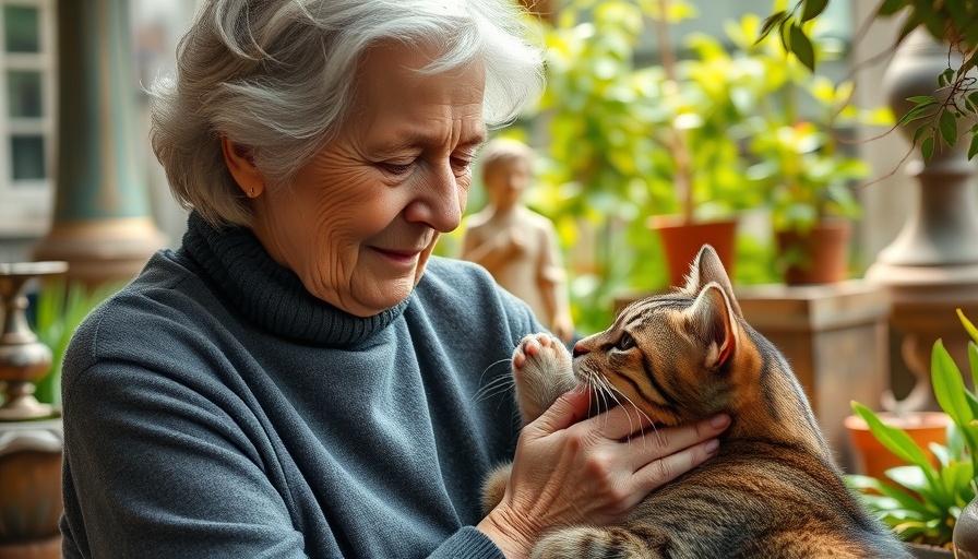 Elderly woman petting a cat at Barby Keel Animal Sanctuary.