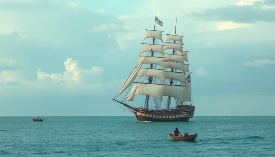 Captain Cook Endeavour ship discovery on calm waters with rowboats.