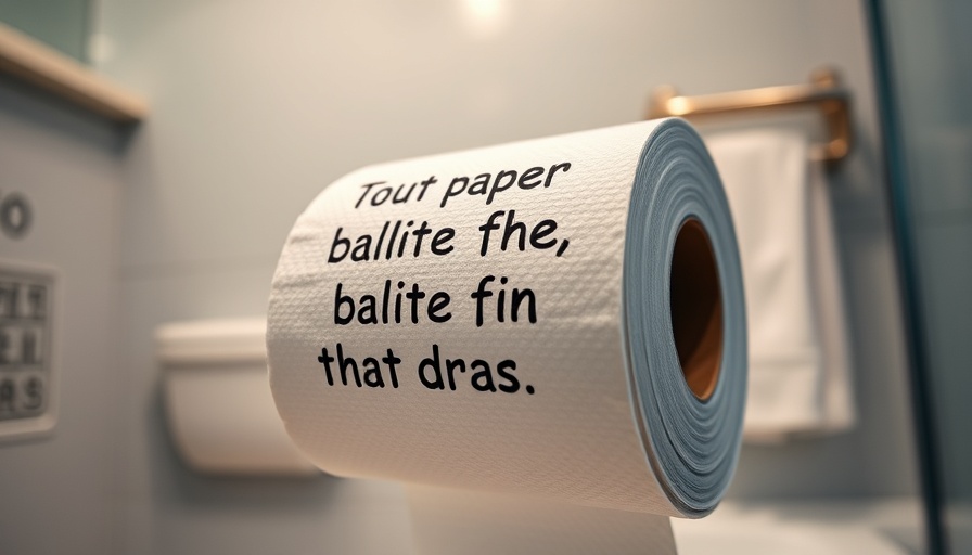 Humorous message on toilet paper roll in modern bathroom setting.