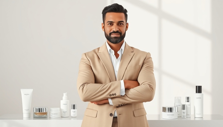 Man with Pietro Simone skincare products in modern room.