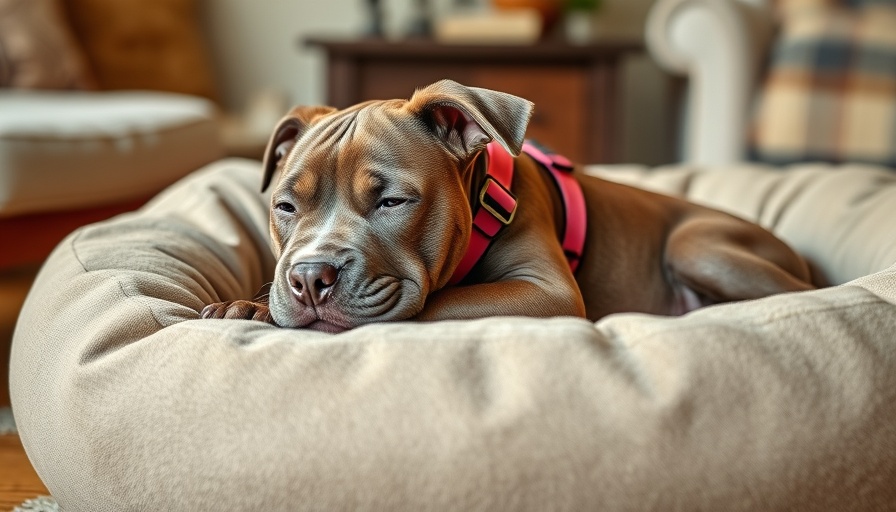 Resting pit bull puppy on a soft bed with pink harness indoors.