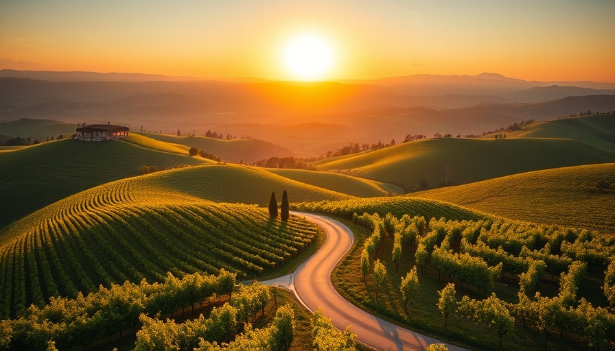 Scenic Tuscany road trip with rolling hills and vineyards at sunset.