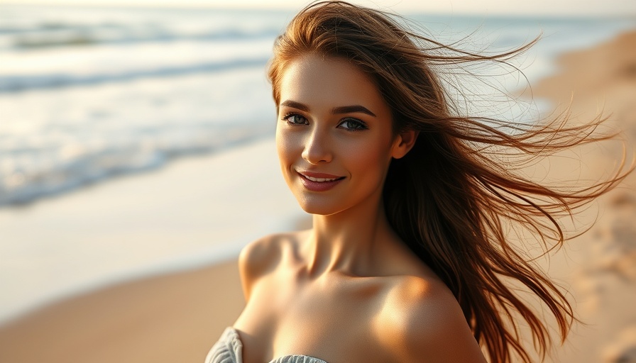 Elegant woman posing on beach with ocean waves, hair flowing.